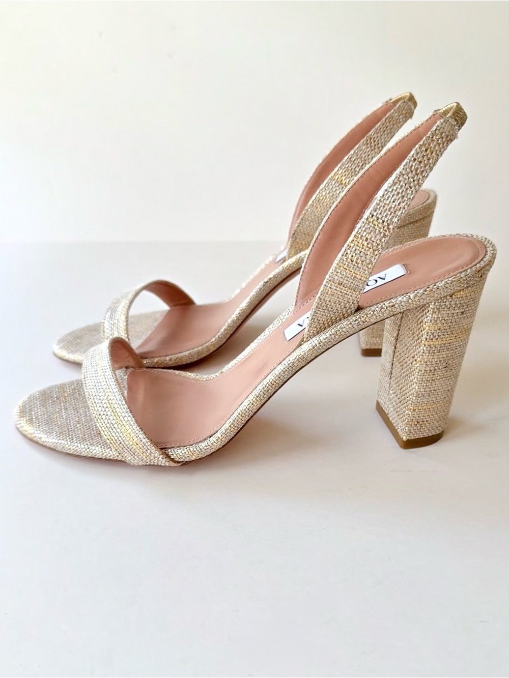 NWOB Aquazzura So Nude 85MM Metallic Sandals Woven Textile Gold Leather 39 $695 - Picture 3 of 12